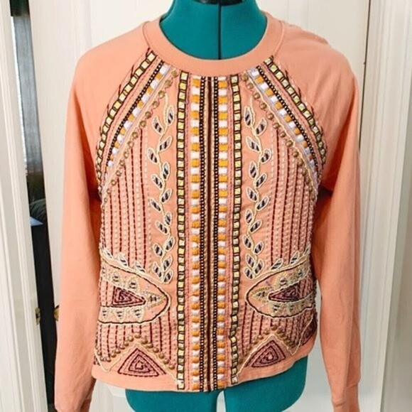 Akemi & Kin Peach Embroidered Beaded Bohemian Beaded Crew Neck Long Sleeve Shirt - Picture 3 of 10